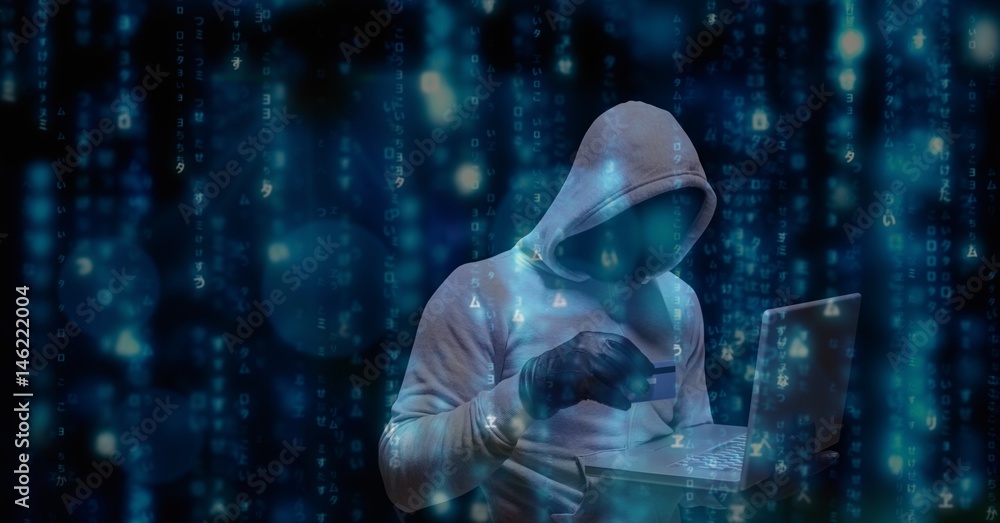 Poster digital composite image of hacker using credit card and laptop