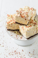 Delicious cake with white chocolate and meringue