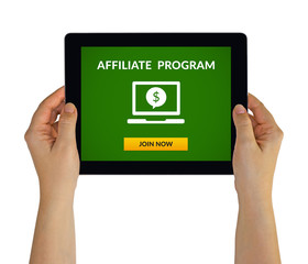 Hands holding digital tablet computer with affiliate program concept on screen. Isolated on white. All screen content is designed by me