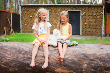 Two girl friends playing with toy bear in the woods in village on summer day