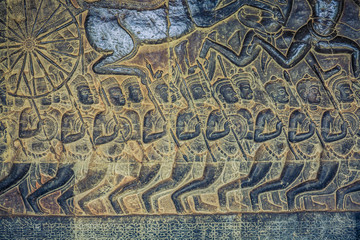 Carved stone relief at Angkor Wat, Cambodia