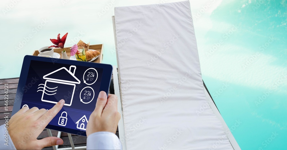 Poster hands using smart home app at poolside