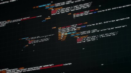 CGI animation of colorful computer code and data flying in dark digital space 
