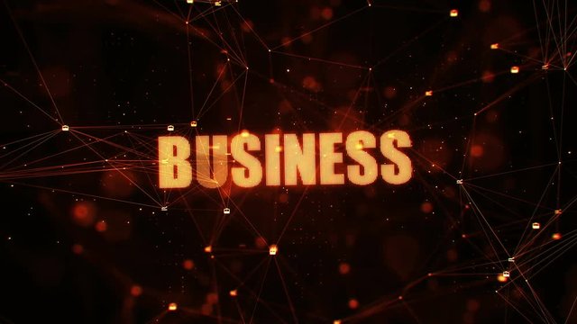 CGI animation of yellow glitching business words appearing in dark digital space with plexus effect 