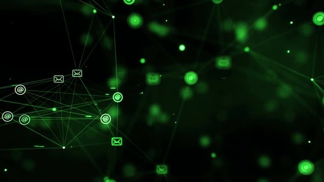 CGI animation of glitching green colored word communication appearing in black digital space with messaging icons and strings