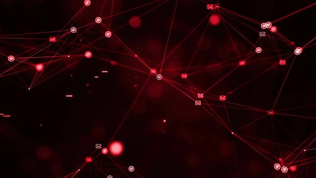 CGI animation of red colored flickering messaging icons connected by strings floating in dark digital space with plexus