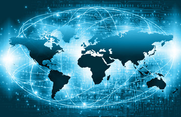 Obraz premium World map on a technological background, glowing lines symbols of the Internet, radio, television, mobile and satellite communications.