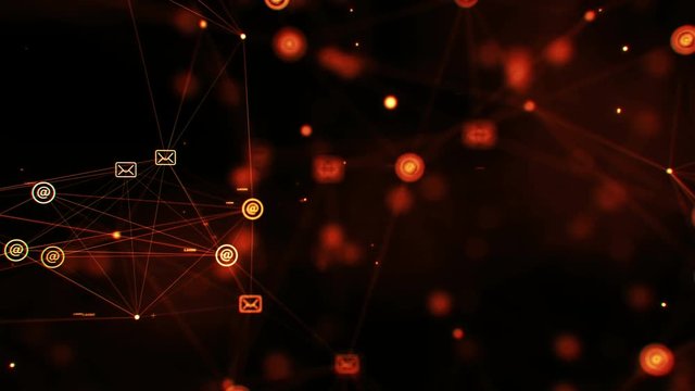 CGI animation with zoom out of yellow glowing word communication floating in dark digital space with plexus effect and flickering messaging icons
