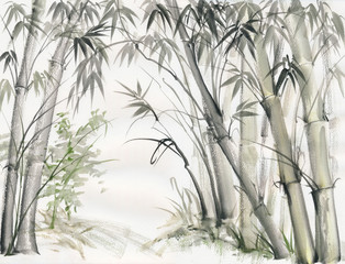 Original watercolor painting of bamboo forest on textured paper.