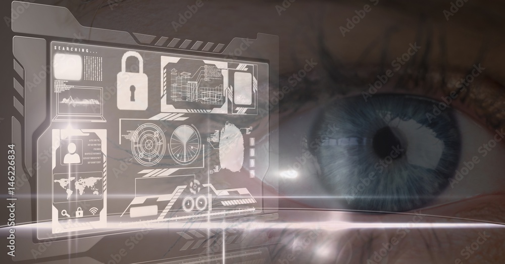 Poster digital composite image of eye with icons