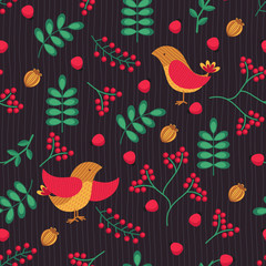 Seamless  patterns with bird, leaves and berries. Hand drawn vector background.