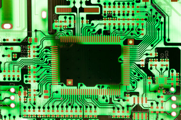 Close up of Electronic Circuits in Technology on  
Mainboard background (Main board,cpu motherboard,logic board,system board or mobo)
