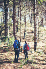 Young couple hiking at the pine forest.