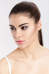 Obraz premium portrait of young beautiful woman brunette with natural makeup. girl with clean skin 
