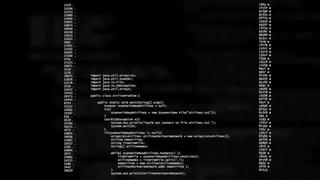 CGI animation of white computer code and numbers running down screen in hacking attempt 
