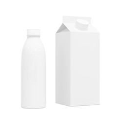 White blank milk or juice carton box and plastic bottle, isolated on white background, 3D rendering