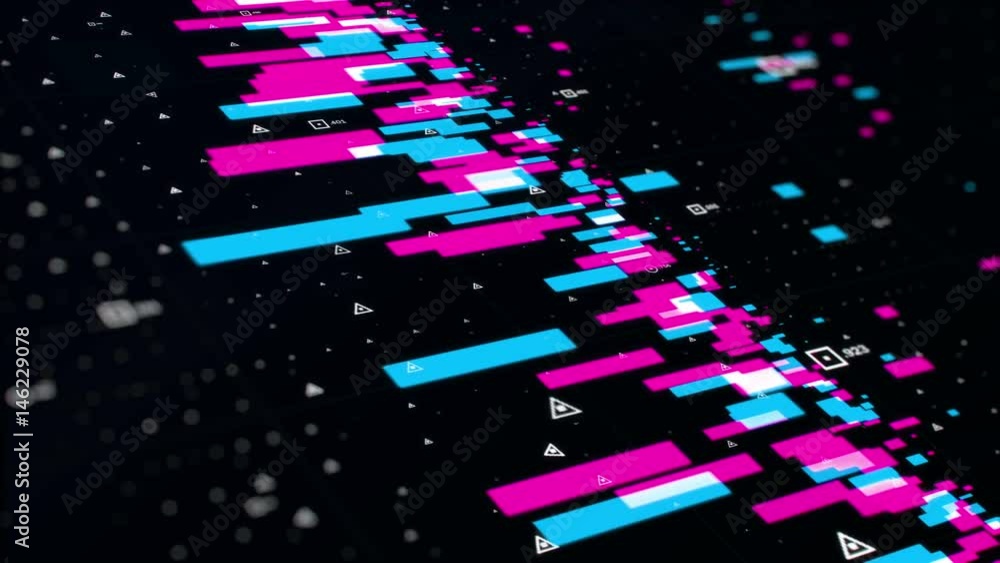Aufkleber cgi animation of blue and pink lines and geometric shapes with numbers moving in dark digital space