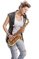 Punk girl playing a saxophone
