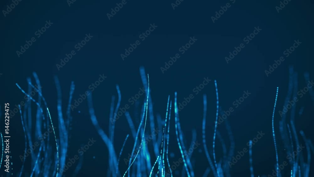 Poster cgi animation of glowing blue particle waves flowing against dark background