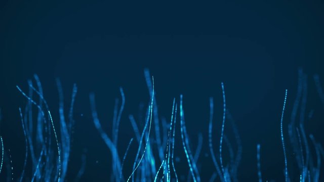 CGI animation of glowing blue particle waves flowing against dark background 