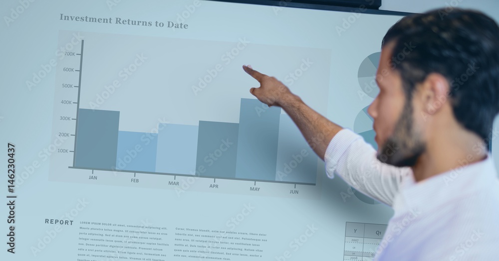 Poster side view of businessman pointing at graph