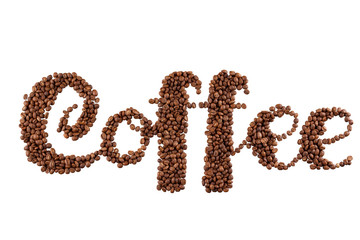 lettering coffee. Coffee beans in the form of a text coffee, white background