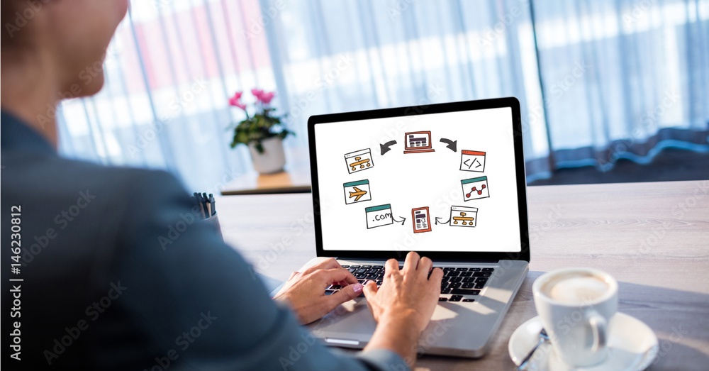 Poster man using laptop computer at table