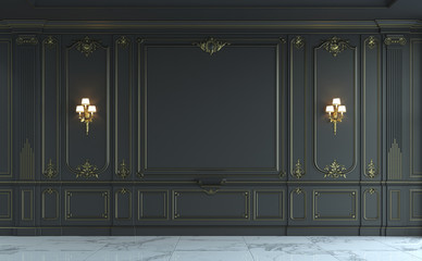 Black wall panels in classical style with gilding. 3d rendering - obrazy, fototapety, plakaty