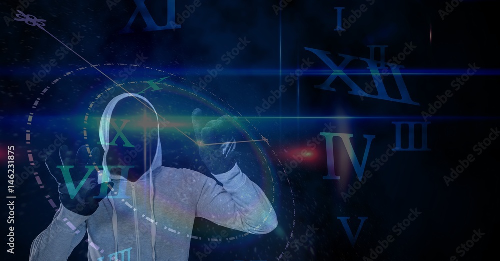 Poster digital composite image of hacker touching screen