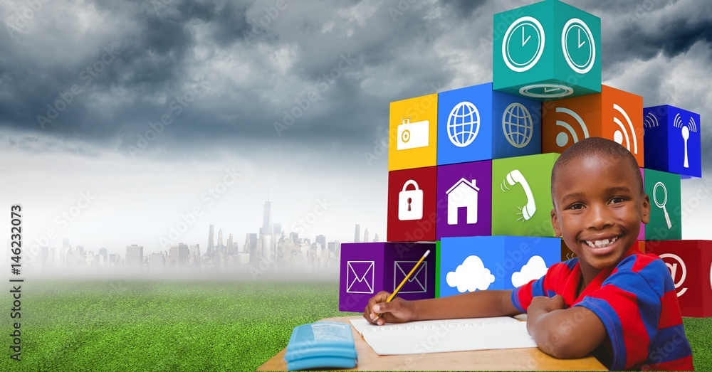 Poster happy boy writing at table with app icons in background
