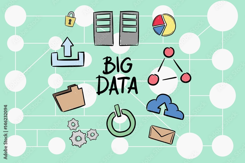 Poster digital composite image of big data amidst various icons