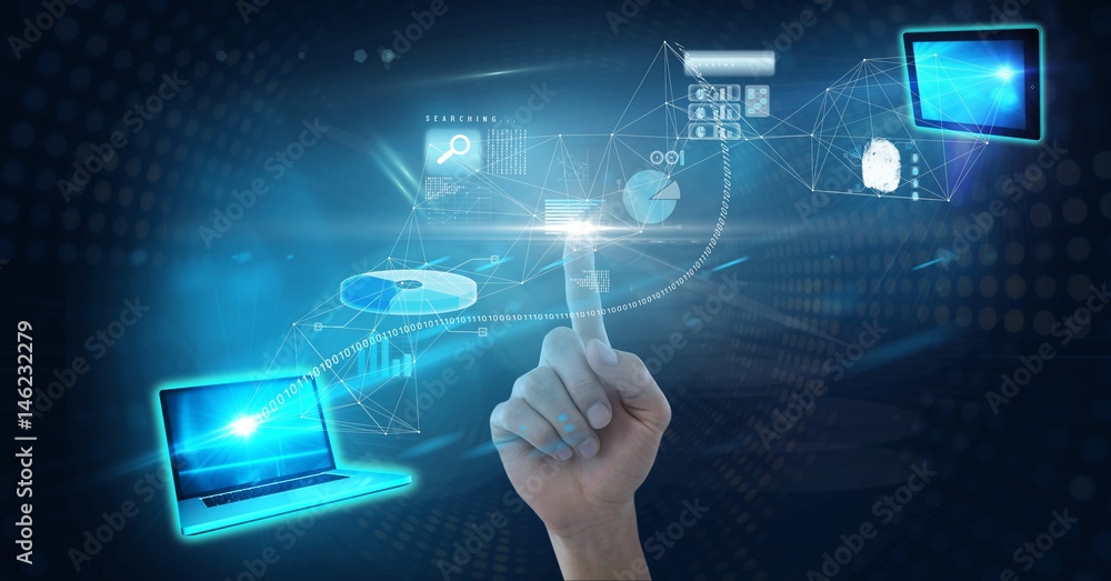 Poster digital composite image of hand touching futuristic screen