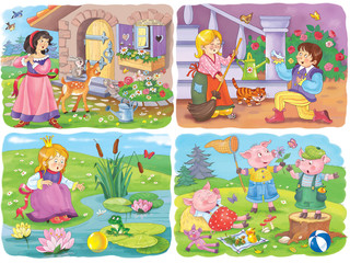 Small set of fairy tale illustrations. Snow White. Cinderella. Frog prince. Three little pigs. 