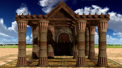 Fototapeta premium view of an old medieval stone building. Horizon with clouds and sky. Day. In full view