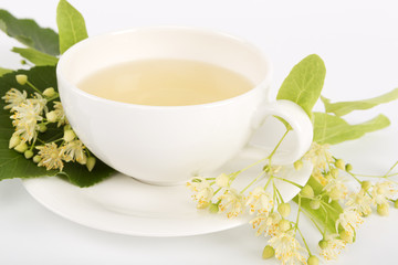 Hot linden tea in a fine white porcelain cup, studio shot over white background. Large-leaved Linden, Tilia platyphyllos.