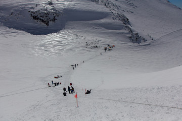 2014 Mount Elbrus, Russia: Camp at an altitude of 5,200 meters between the western and eastern...