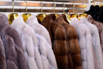 Luxury mink coats. Grey, brown, pearl color fur coats on showcase of market. Best gift for women is...