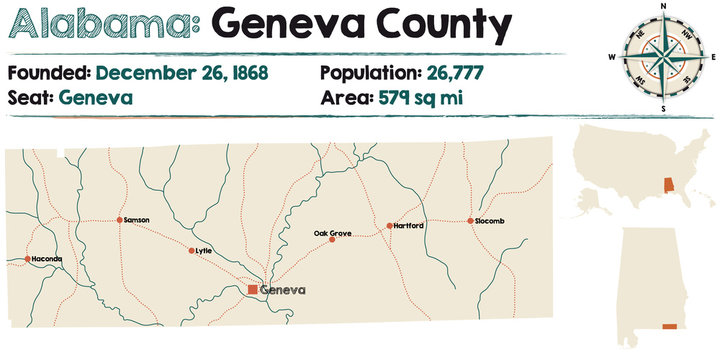 Large and detailed map of Geneva County in Alabama