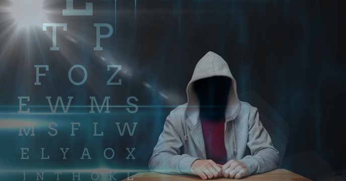 Digital composite image of hacker with letters