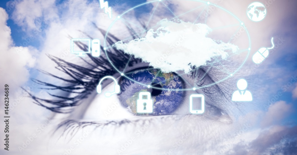 Poster digital composite image of eye with icons in sky