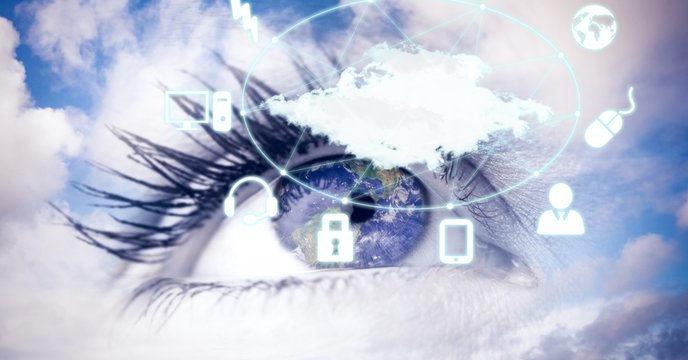 Digital composite image of eye with icons in sky