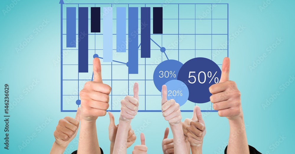 Poster hands gesturing thumbs up with graph in background
