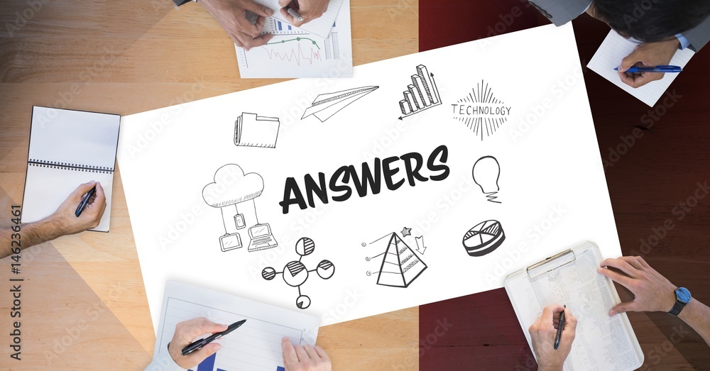 Poster answers text by icons and business people on table