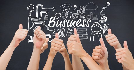 Hands showing thumbs up with business text surrounded by icon
