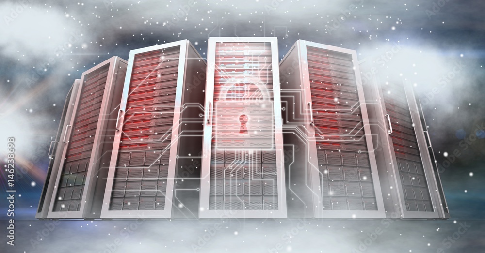 Poster digitally generated image of servers and icons in sky