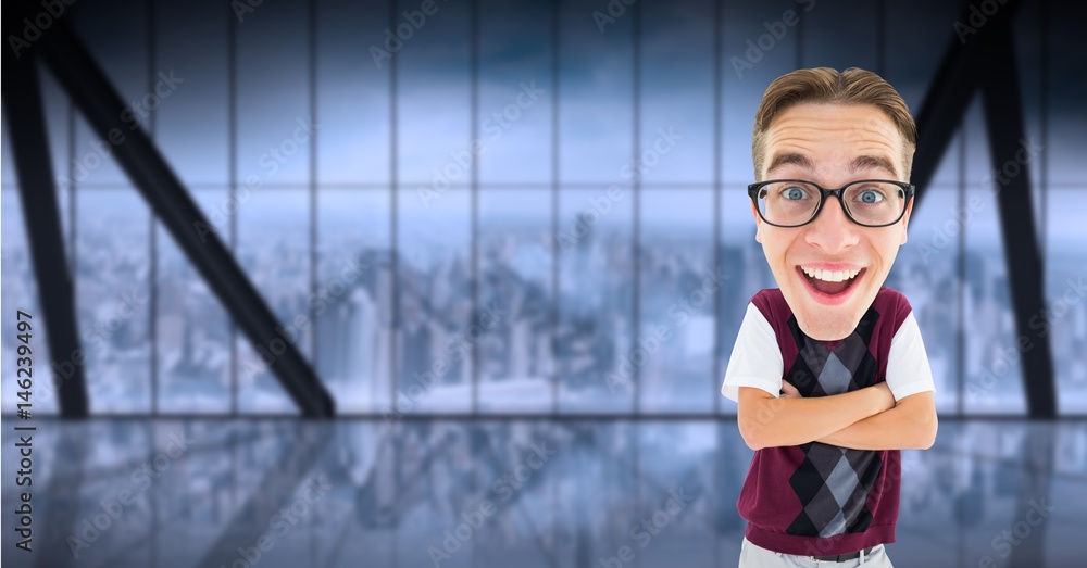 Poster digital composite image of happy nerd standing arms crossed