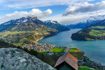 Mountains at lake Lucern and Village Brunnen. View from Rigi Switzerland