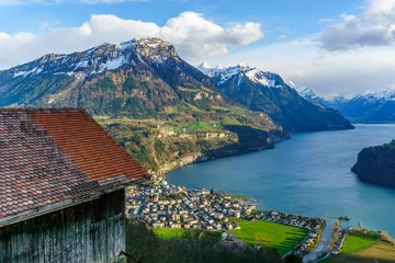 Papier peint photo Villes / Voyage Mountains at lake Lucern and Village Brunnen. View from Rigi Switzerland  © 4zoom4