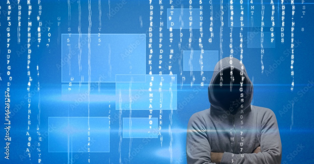 Poster digital composite image of hacker standing arms crossed