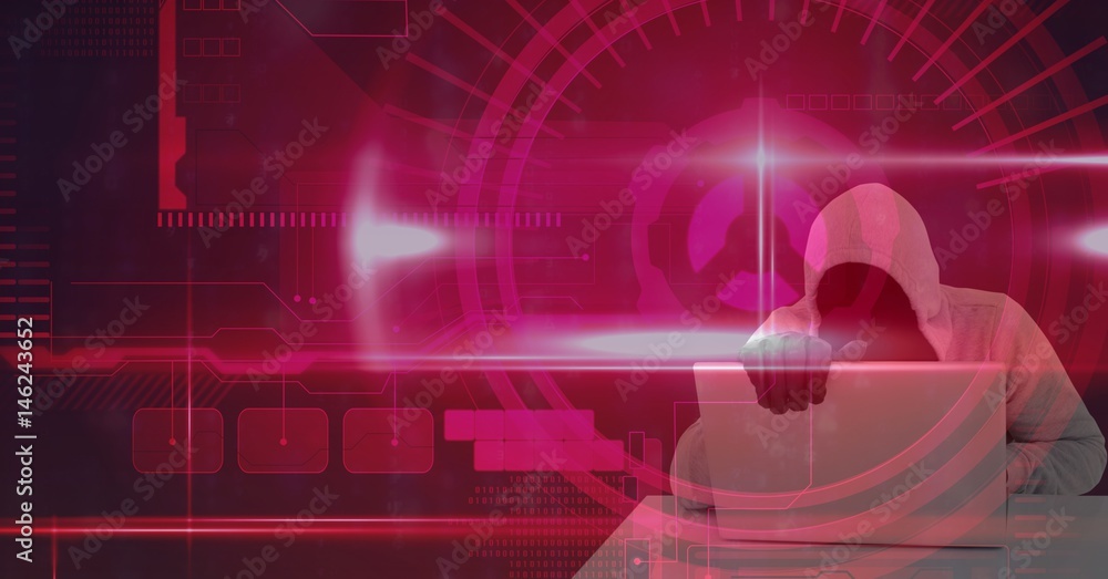 Poster digital composite image of hacker using laptop over pink screen